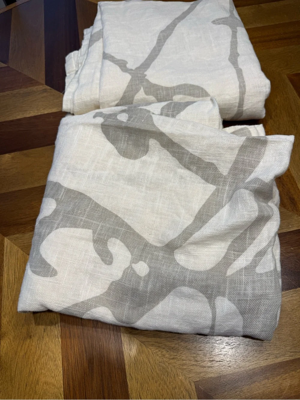 West Elm Cream Curtains Taupe Botanical Motif linen cotton 48x96/2 panels *flaw*